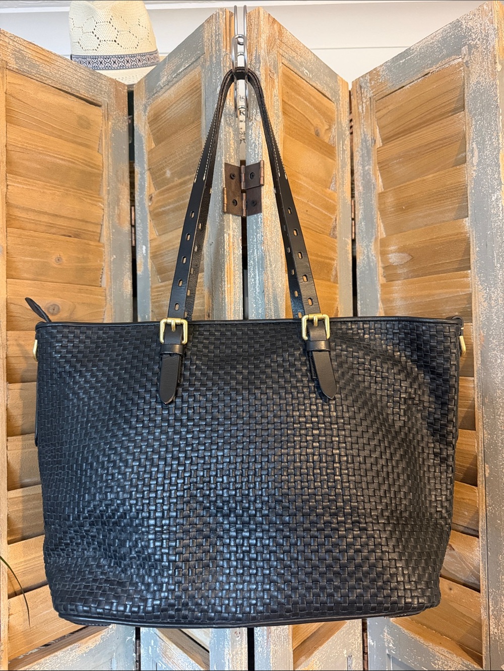 Cole Haan Black Handwoven Leather TOTE with Brass Buckle hardware